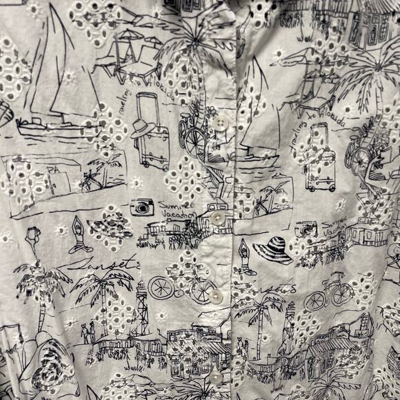 Chico’s Made For Vacation Eyelet Button Down White Black Beach Scene Size 12/14 - Picture 4 of 6